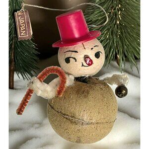 Vintage Japan Snowman Bobble Head Ornament Hat Christmas Putz Pipe Cleaner Candy